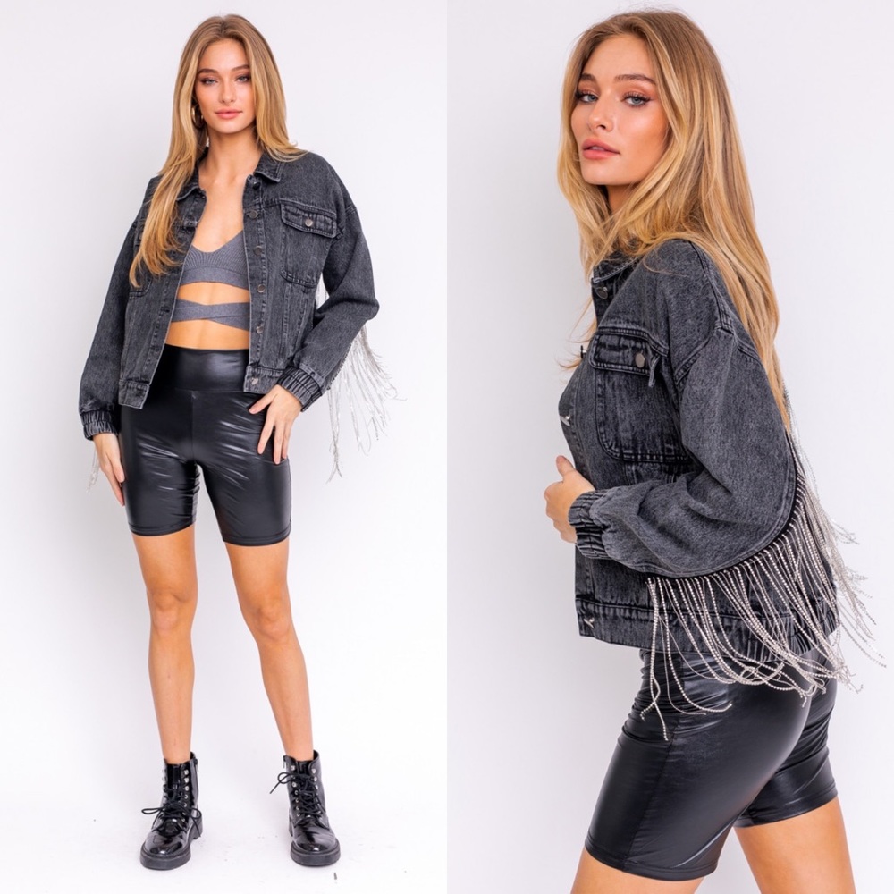 🚨LAST SMALL EVER🚨Last Call Rhinestone Fringe Denim Jacket - Picture 5 of 16